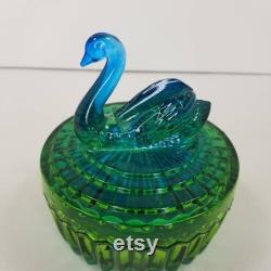 Vintage Jeannette Glass Green and Blue Swan Powder Jar, Glass Vanity Dresser Box, Trinket Dish Carnival Glass, Lipstick Holder