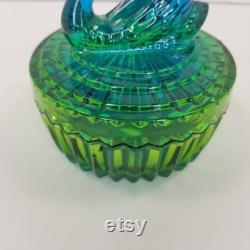Vintage Jeannette Glass Green and Blue Swan Powder Jar, Glass Vanity Dresser Box, Trinket Dish Carnival Glass, Lipstick Holder