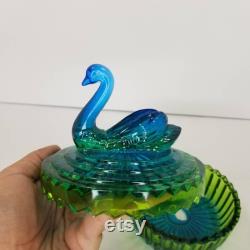 Vintage Jeannette Glass Green and Blue Swan Powder Jar, Glass Vanity Dresser Box, Trinket Dish Carnival Glass, Lipstick Holder