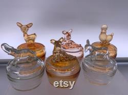 Vintage Jeannette Glass Powder Trinket Jar Various Colors Choose From Fawn Deer, Scottie Dog, Poodle, Elephant, Or Donkey