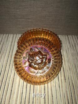 Vintage Jeannette Glass Rose Powder Box Rose Embossed Marigold Luster Sawtooth Ribbed Round Jeanette.