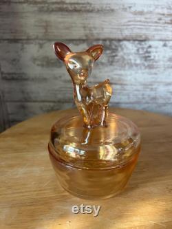 Vintage Jeannette Marigold Carnival Glass Deer Fawn Doe Powder Dish Covered Trinket Dish -Iridescent Candy Jar Mid Century