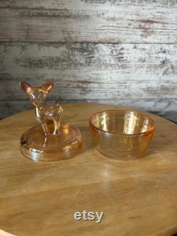 Vintage Jeannette Marigold Carnival Glass Deer Fawn Doe Powder Dish Covered Trinket Dish -Iridescent Candy Jar Mid Century