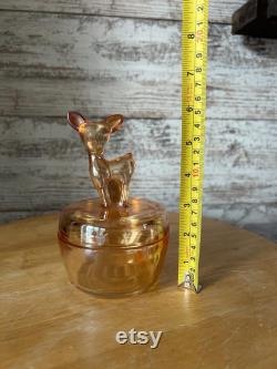 Vintage Jeannette Marigold Carnival Glass Deer Fawn Doe Powder Dish Covered Trinket Dish -Iridescent Candy Jar Mid Century