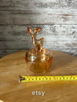 Vintage Jeannette Marigold Carnival Glass Deer Fawn Doe Powder Dish Covered Trinket Dish -Iridescent Candy Jar Mid Century