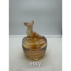 Vintage Jeannette Marigold Carnival Glass Powder Trinket Box Scotty Dog