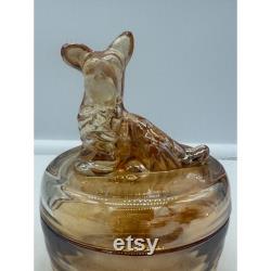 Vintage Jeannette Marigold Carnival Glass Powder Trinket Box Scotty Dog