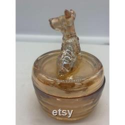 Vintage Jeannette Marigold Carnival Glass Powder Trinket Box Scotty Dog