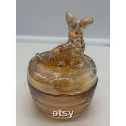 Vintage Jeannette Marigold Carnival Glass Powder Trinket Box Scotty Dog