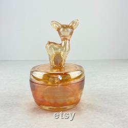 Vintage Jeannette Marigold Orange Luster Deer Fawn Trinket Powder Candy Jar