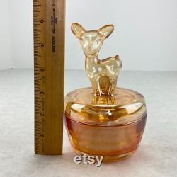 Vintage Jeannette Marigold Orange Luster Deer Fawn Trinket Powder Candy Jar