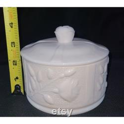 Vintage Jeannette Pink Milk Glass Rose Round Puff Box with Lid