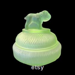 Vintage LE Smith Spike Bulldog Green Satin Depression Glass Vanity Powder Jar