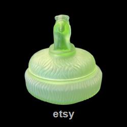 Vintage LE Smith Spike Bulldog Green Satin Depression Glass Vanity Powder Jar