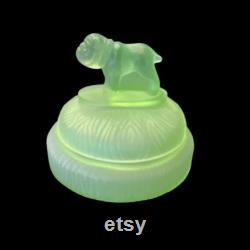 Vintage LE Smith Spike Bulldog Green Satin Depression Glass Vanity Powder Jar