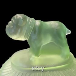 Vintage LE Smith Spike Bulldog Green Satin Depression Glass Vanity Powder Jar