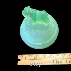 Vintage LE Smith Spike Bulldog Green Satin Depression Glass Vanity Powder Jar