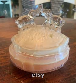 Vintage L E Smith Battling Kissing Elephants Scarce Pink Satin Glass Powder Box Depression