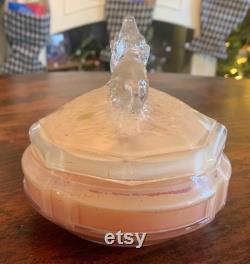 Vintage L E Smith Battling Kissing Elephants Scarce Pink Satin Glass Powder Box Depression