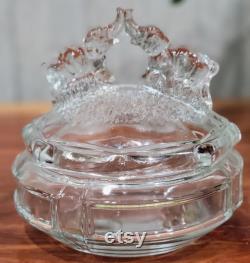 Vintage L.E. Smith Battling or Kissing Elephants Powder Dish Clear Glass Depression Glass Perfect Condition