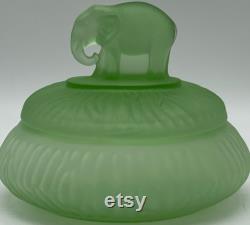 Vintage L E Smith Glass Uranium Green Satin Glass Powder Jar Elephant Figurine Flea bites Small ding in Ear Glows