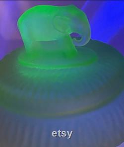 Vintage L E Smith Glass Uranium Green Satin Glass Powder Jar Elephant Figurine Flea bites Small ding in Ear Glows