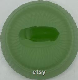 Vintage L E Smith Glass Uranium Green Satin Glass Powder Jar Elephant Figurine Flea bites Small ding in Ear Glows