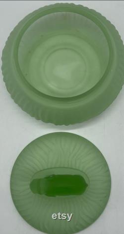 Vintage L E Smith Glass Uranium Green Satin Glass Powder Jar Elephant Figurine Flea bites Small ding in Ear Glows
