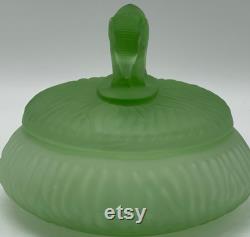 Vintage L E Smith Glass Uranium Green Satin Glass Powder Jar Elephant Figurine Flea bites Small ding in Ear Glows