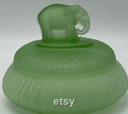 Vintage L E Smith Glass Uranium Green Satin Glass Powder Jar Elephant Figurine Flea bites Small ding in Ear Glows