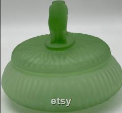 Vintage L E Smith Glass Uranium Green Satin Glass Powder Jar Elephant Figurine Flea bites Small ding in Ear Glows