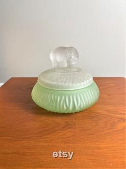 Vintage L.E Smith Satin Uranium Glass Bottom Vanity Powder Jar, Vintage Art Deco Lidded Stain Glass Container