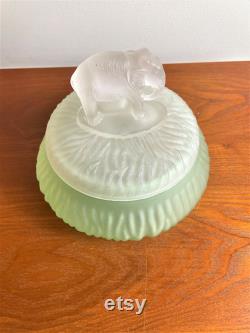 Vintage L.E Smith Satin Uranium Glass Bottom Vanity Powder Jar, Vintage Art Deco Lidded Stain Glass Container