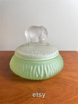 Vintage L.E Smith Satin Uranium Glass Bottom Vanity Powder Jar, Vintage Art Deco Lidded Stain Glass Container