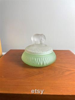 Vintage L.E Smith Satin Uranium Glass Bottom Vanity Powder Jar, Vintage Art Deco Lidded Stain Glass Container