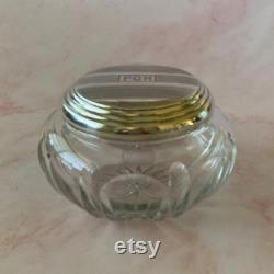 Vintage La Pierre Sterling Silver Topped Crystal Glass Vanity Powder Dresser Jar, Art Deco Mongrammed Lid PO'M