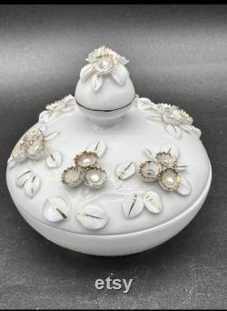Vintage Lefton Fine China Lidded Vanity Jar Powder Dish Applied Florals 4in