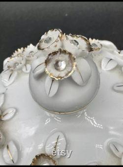 Vintage Lefton Fine China Lidded Vanity Jar Powder Dish Applied Florals 4in