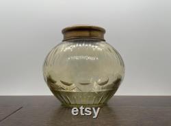 Vintage Light Amber Cut Glass Vanity Jar with Decorative Etched Brass Lid