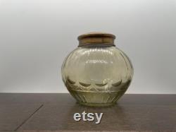 Vintage Light Amber Cut Glass Vanity Jar with Decorative Etched Brass Lid