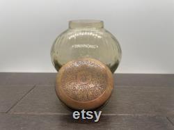 Vintage Light Amber Cut Glass Vanity Jar with Decorative Etched Brass Lid