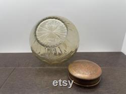 Vintage Light Amber Cut Glass Vanity Jar with Decorative Etched Brass Lid