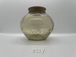 Vintage Light Amber Cut Glass Vanity Jar with Decorative Etched Brass Lid
