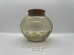 Vintage Light Amber Cut Glass Vanity Jar with Decorative Etched Brass Lid
