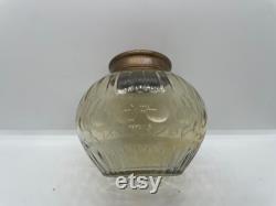 Vintage Light Amber Cut Glass Vanity Jar with Decorative Etched Brass Lid