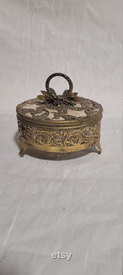 Vintage Loose Powder Jar in Ornate Metal Stand with Lid