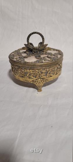 Vintage Loose Powder Jar in Ornate Metal Stand with Lid