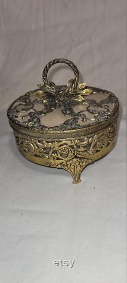 Vintage Loose Powder Jar in Ornate Metal Stand with Lid