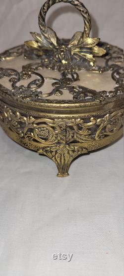 Vintage Loose Powder Jar in Ornate Metal Stand with Lid