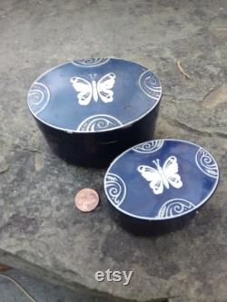 Vintage Lucretia Vanderbilt Metal Cobalt Blue with Silver Butterfly Face Powder Boxes, Set of 2 Oval